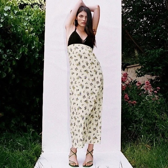 Zara Dresses & Skirts - NWT ZARA Floral Satin Sleeveless V-Neck Crochet Bodice Empire Waist Slip Dress S